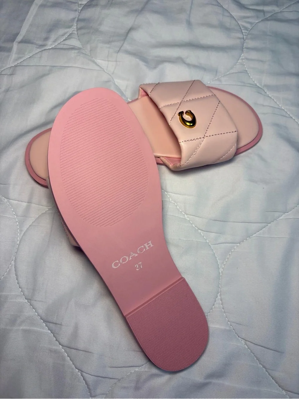 Coach Pink Quilted Slide Sandals with Gold Accent